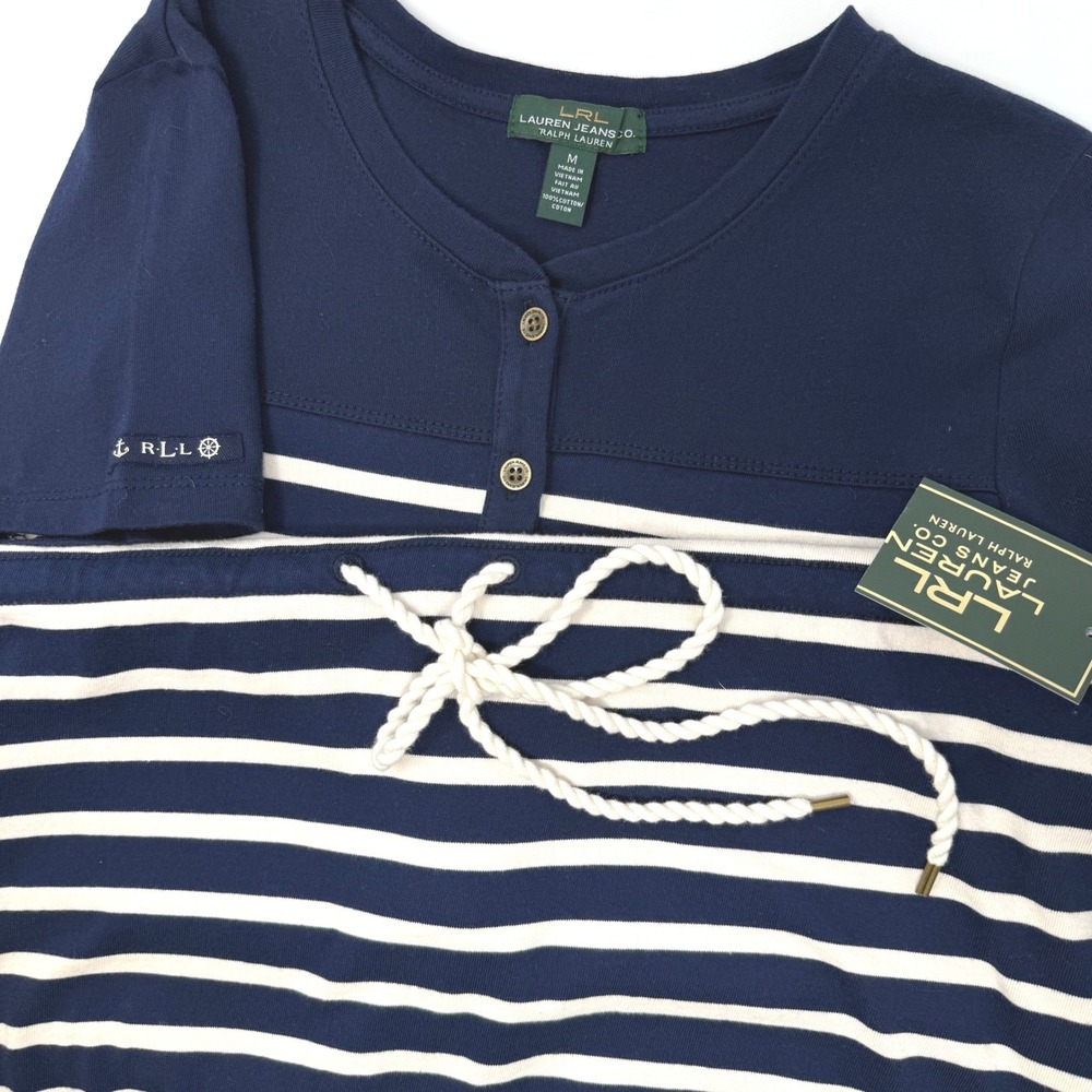 Lauren Ralph Lauren Women's Medium Navy Striped Nautical Rope T-Shirt Dress NEW